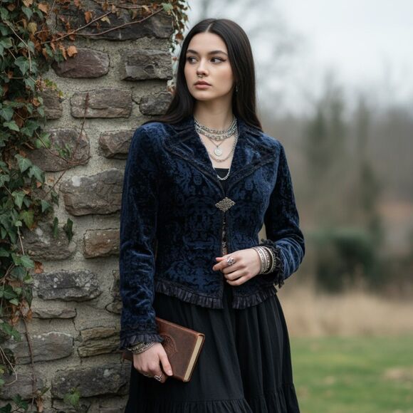 Elie Tahari Size XS Dusk Blue Burnout Silk Jacket Whimsigoth Witch Vampire Goth - Picture 1 of 15